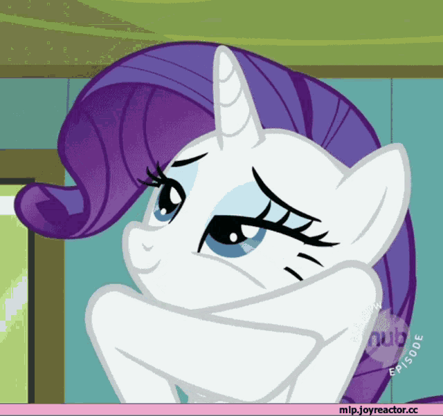 a cartoon pony with a purple mane is covering her face with her hand
