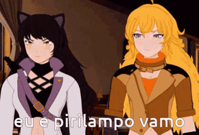 two anime characters standing next to each other with eu e pirilampo vamo written on the bottom right