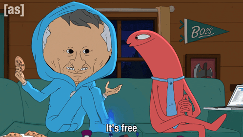 a man in a blue hoodie sits on a couch next to a red monster that says " it 's free "