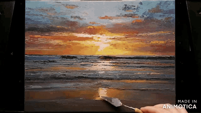 a painting of a sunset with the words made in animatica below it