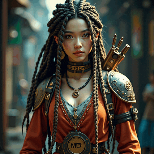a woman with dreadlocks wears a belt with the letter mb on it