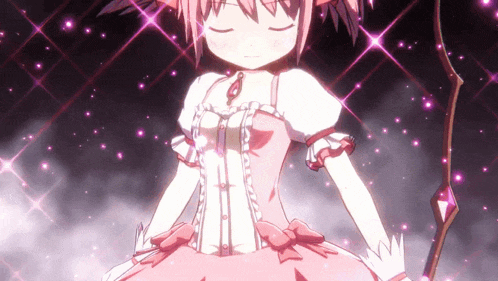 a girl in a pink dress is holding a wand in her hand
