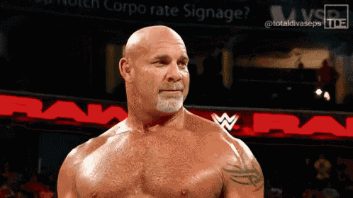 a bald man without a shirt is standing in front of a sign that says " corporate signage "