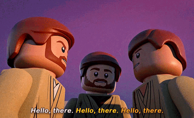 three lego figures are standing next to each other and saying hello there hello there hello there