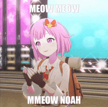 a pink haired anime girl with the words meow meow mmeow noah on the bottom