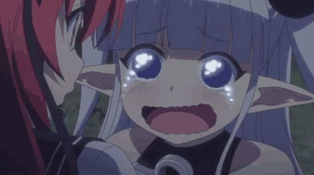a girl with red hair and white hair is crying next to a girl with blue eyes .