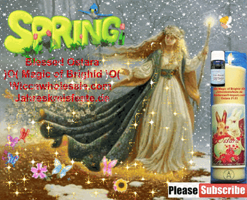 a painting of a woman holding a wand and a candle with the word spring on it