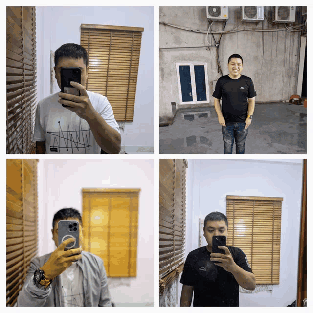 four pictures of a man taking a selfie with his cell phone