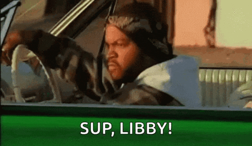 ice cube is sitting in the driver 's seat of a car and saying `` sup , libby ! ''