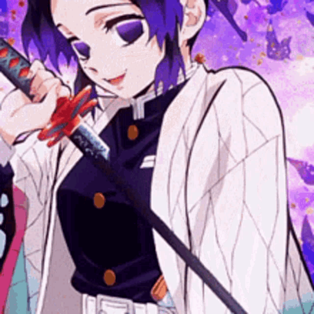 a girl with purple hair is holding a sword in her right hand .