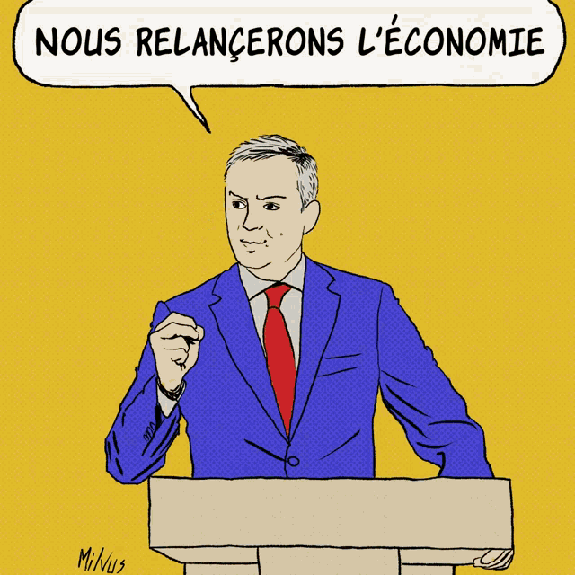 a cartoon of a man giving a speech with a speech bubble that says quoi qu'il
