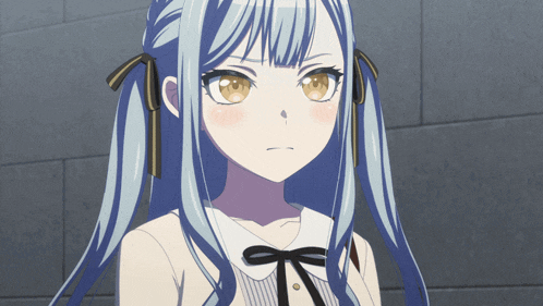 a blue haired anime girl with a bow on her neck