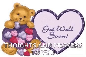 a teddy bear is holding a heart filled with hearts and a sign that says `` get well soon ! ''