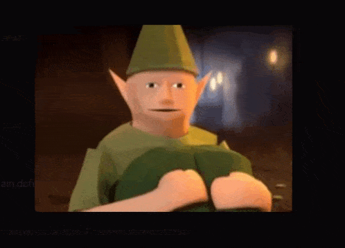 a cartoon of a man wearing a green hat and a green shirt is sitting in a dark room .