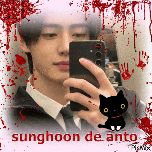 a picture of a man taking a picture of himself with the words sunghoon de anto below him