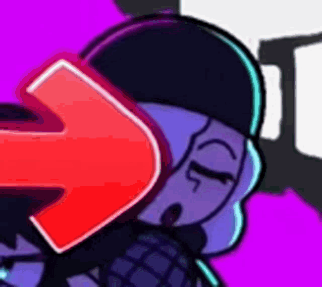 a cartoon character with a red arrow pointing to the left .