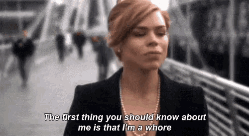 a woman is standing on a bridge with a pearl necklace and a quote .