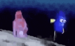 two cartoon characters are standing next to each other on a hill .