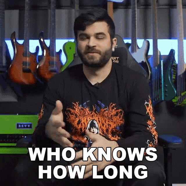 a man with a beard says who knows how long in front of a bunch of guitars