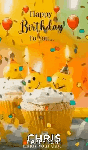 a happy birthday greeting card with cupcakes , balloons , and confetti .