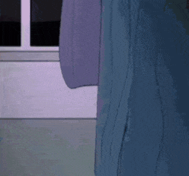 a cartoon character is standing in front of a window with a blue curtain