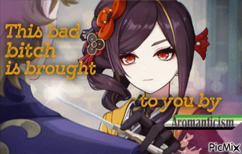 a picture of a girl with a knife and the words this bad bitch is brought to you by picmix