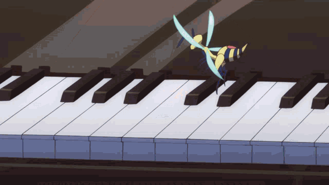 a cartoon drawing of a bee flying over a piano keyboard