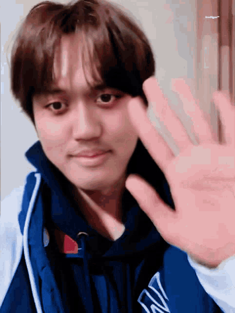 a young man in a blue hoodie is waving his hand at the camera