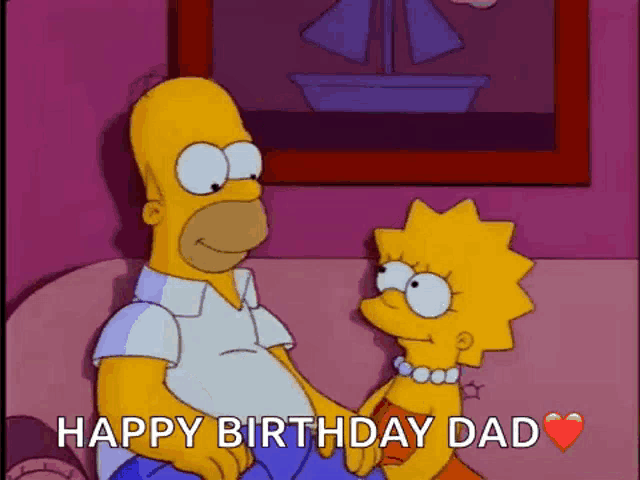 homer simpson and lisa simpson are sitting on a couch holding hands and wishing each other a happy birthday .