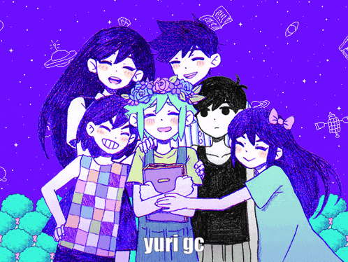 a group of anime characters are posing for a picture with yuri gc written on the bottom