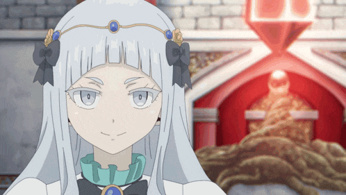 a girl with white hair and a crown on her head looks at the camera