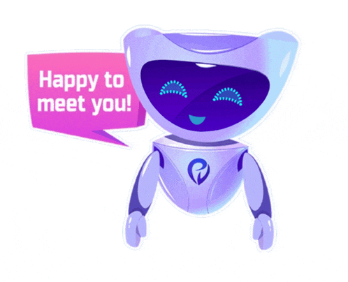 a robot says happy to meet you in a speech bubble