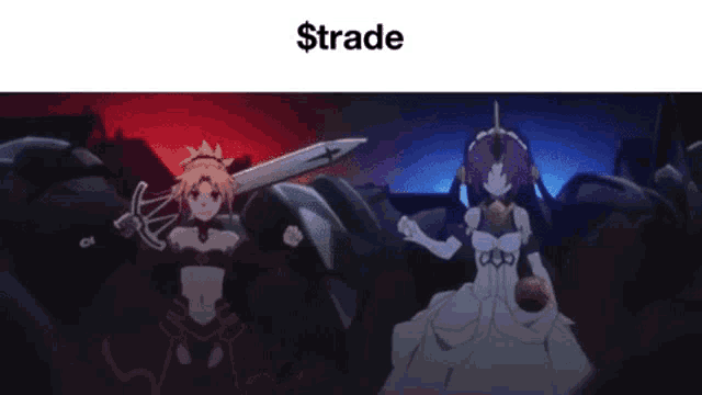 a couple of anime characters standing next to each other with a sword and a ball .
