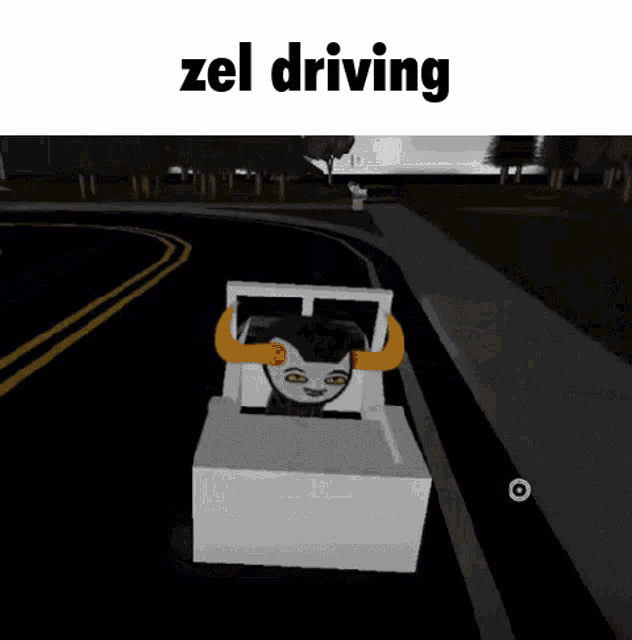 a cartoon character with horns is driving a white box on a street .