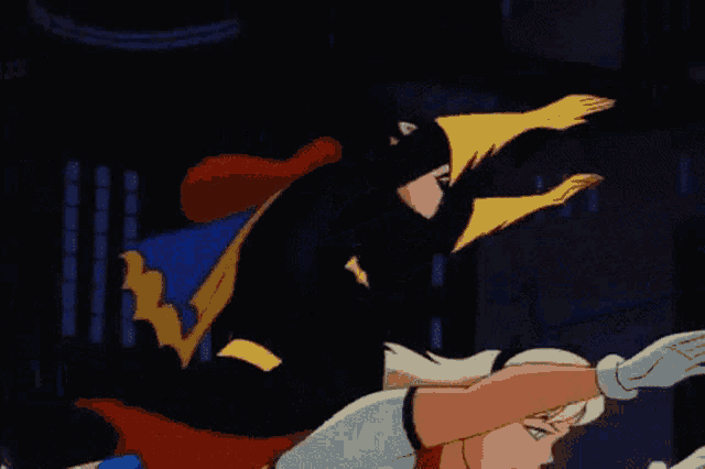 a cartoon of batman and supergirl flying through the air .