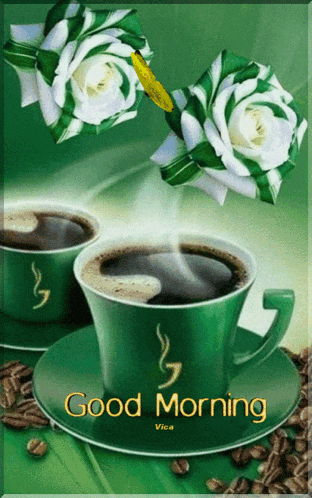 a picture of two cups of coffee with flowers and the words good morning