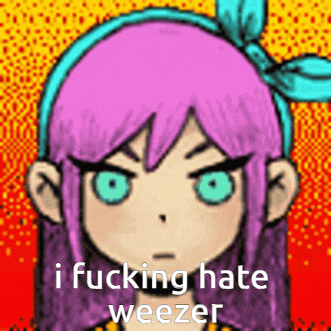 a drawing of a girl with purple hair and blue eyes says i fucking hate weezer