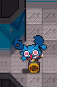 a pixel art of a blue cat with pink eyes sitting on a drum .