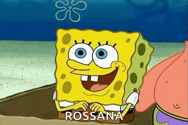 spongebob squarepants is smiling and holding a sign that says rossana on it .