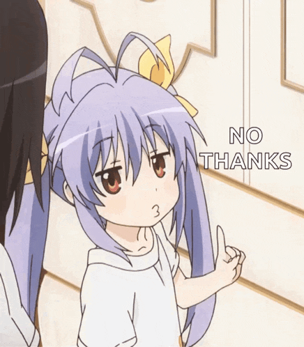 a girl with purple hair giving the middle finger with the words no thanks behind her