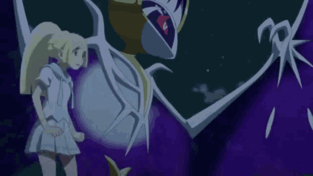 a girl in a white dress is standing next to a purple and white monster .