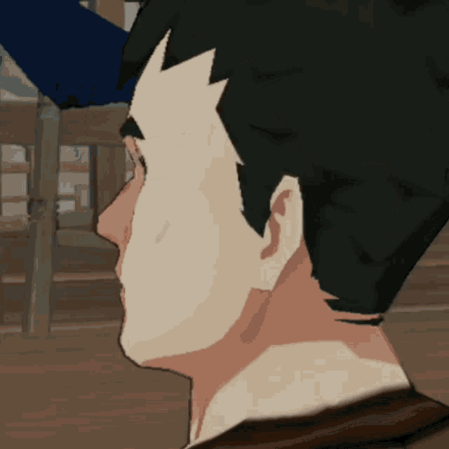 a close up of a man 's face in a video game with a blue shirt behind him