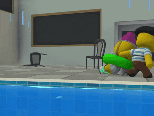 a cartoon of a man carrying a green float in a pool