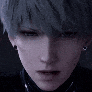 a close up of a person 's face with gray hair and black earrings