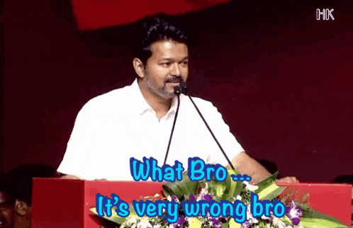 a man speaking into a microphone with the words what bro it 's very wrong bro below him