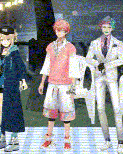 a group of anime characters are standing next to each other on a stage .