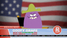 a cartoon character named goofy grape is on a breaking news screen
