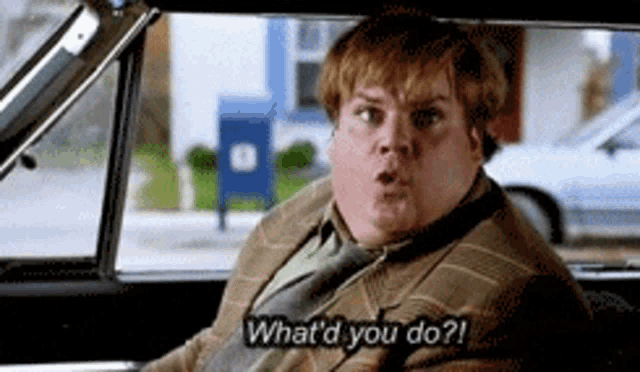 a fat man is sitting in a car and asking what 'd you do ?