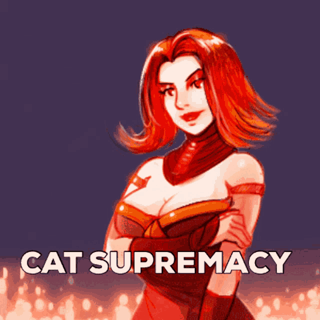 a drawing of a woman with red hair and the words cat supremacy