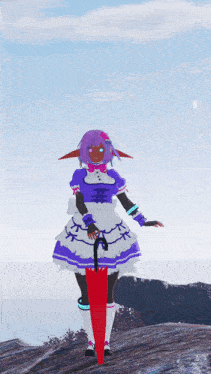 a girl in a purple and white dress holds a red umbrella over her head